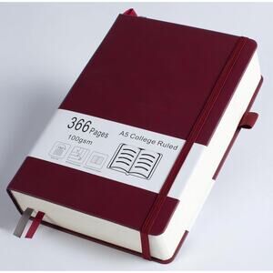 A5 Journals, Thick College Ruled Notebook with 366 Numbered Pages- Burgundy